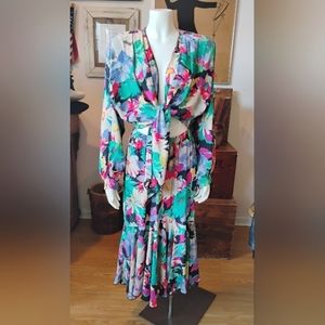 Vintage '80s TIKI 2 pc Floral Wrap Top Ruffle Hem Midi Rayon Skirt Set, Size 14